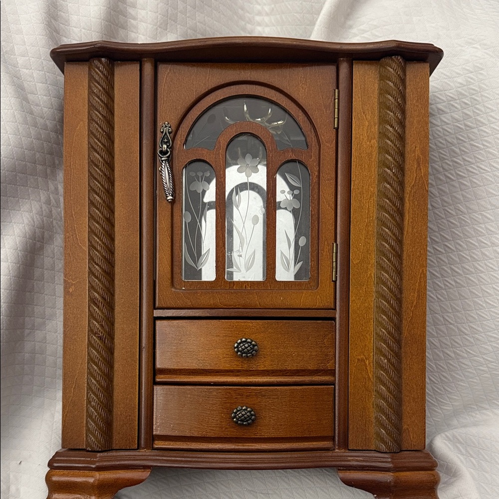 Vintage Big Wooden Jewelry Armoire, double door etched glass, rope twist carved